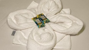 A white towel folded into a flower shape with a small packet in the center, placed on a plain surface. - Pousada Cajueiro Do Sol (Barreirinhas)