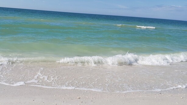 A beach with clear turquoise water and gentle waves. - 🏖️2 Min Walk to Beach🌊Prime Location☀Barefoot Beach Resort E206 (Indian Shores)