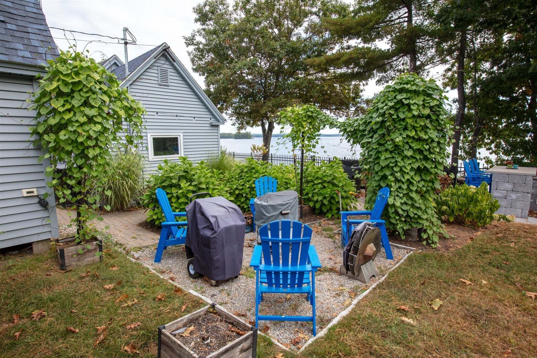 A backyard with a covered grill, blue Adirondack chairs, and a small shed.