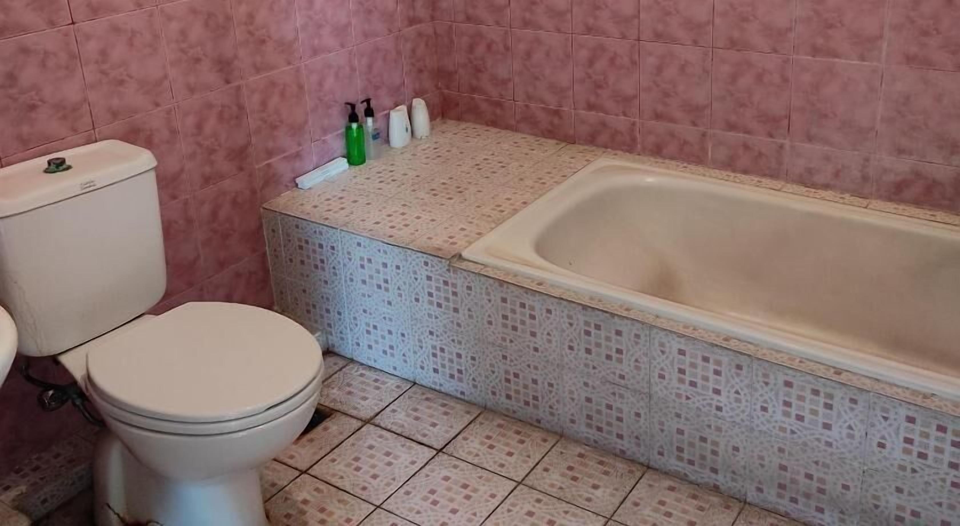 Ein Badezimmer mit Toilette, Badewanne und gefliesten Wänden.