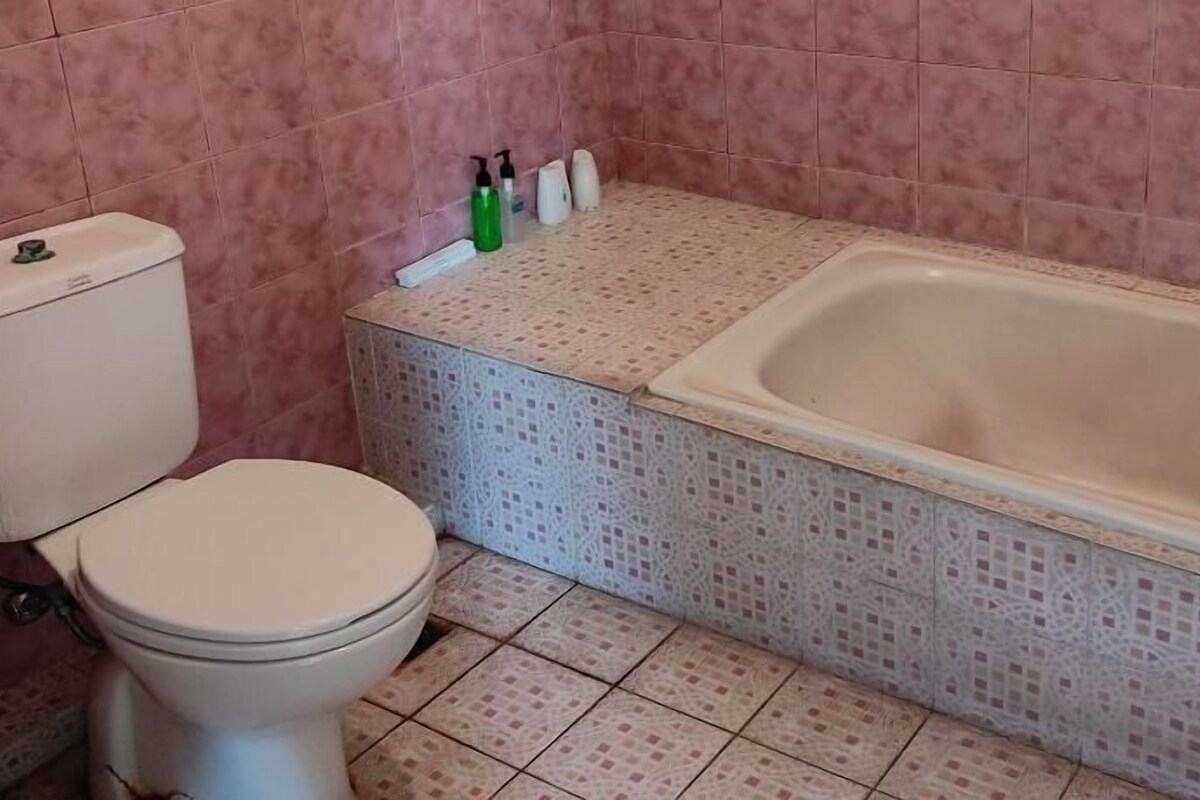 Un baño con inodoro, bañera y paredes de azulejos.