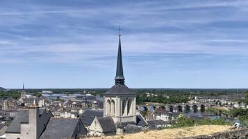 A church with a tall spire, surrounded by residential buildings and a river.