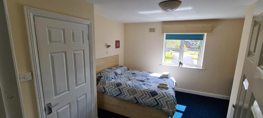 Een slaapkamer met een bed, een raam, een deur en een plafondlamp.