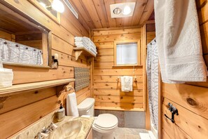 Une salle de bain rustique, aménagée dans une cabane en bois, avec des toilettes, un lavabo et une douche.
