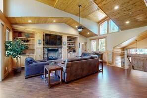 TV, fireplace, DVD player, table football - Big Bear Lodge with Hot Tub, Sauna, Game Room, Decks & 4 Fireplaces (South Lake Tahoe)