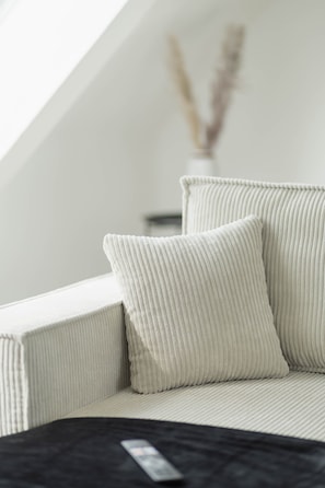 Una habitación moderna y minimalista con un sofá y dos almohadas.