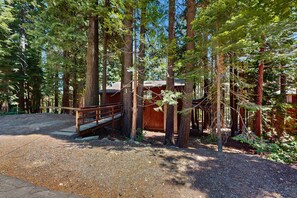 A forested area with a wooden bridge leading to a cabin.