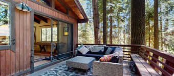 Rustic, comfy, dog-friendly cabin in the pines - walk to homeowners lake & beach