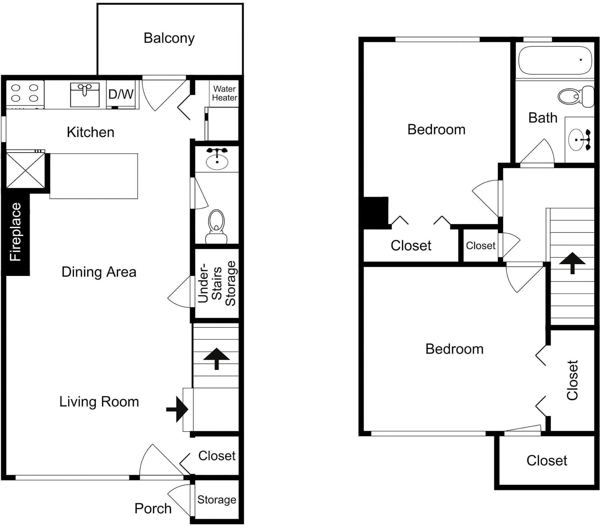 A floor plan with a balcony, kitchen, dining area, living room, and bedrooms.
