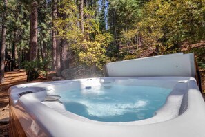Outdoor spa tub - Serene Mountain Home with Private Hot Tub, Lake Views, One Block from Ski Resort (South Lake Tahoe)