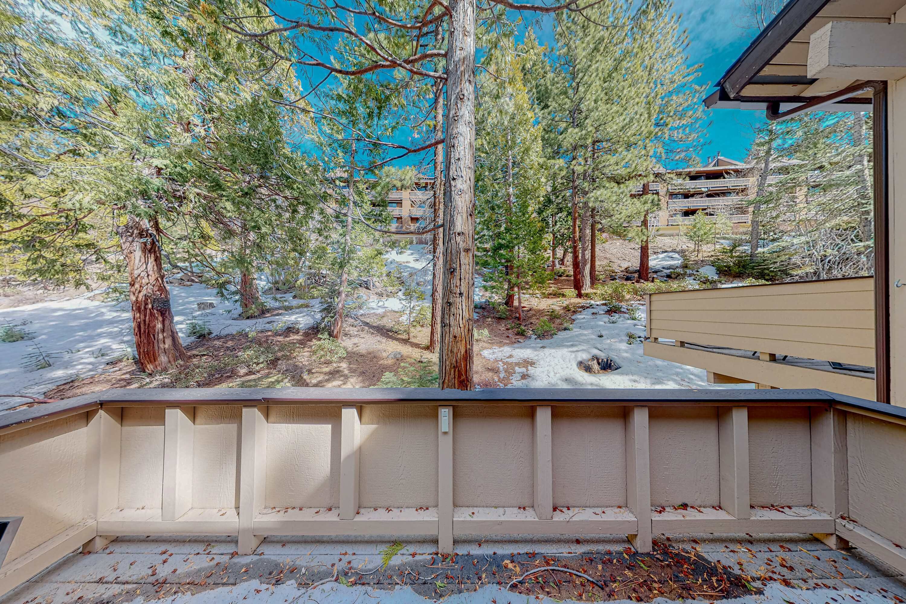 A balcony with a view of a snowy landscape, trees, and a building in the background.