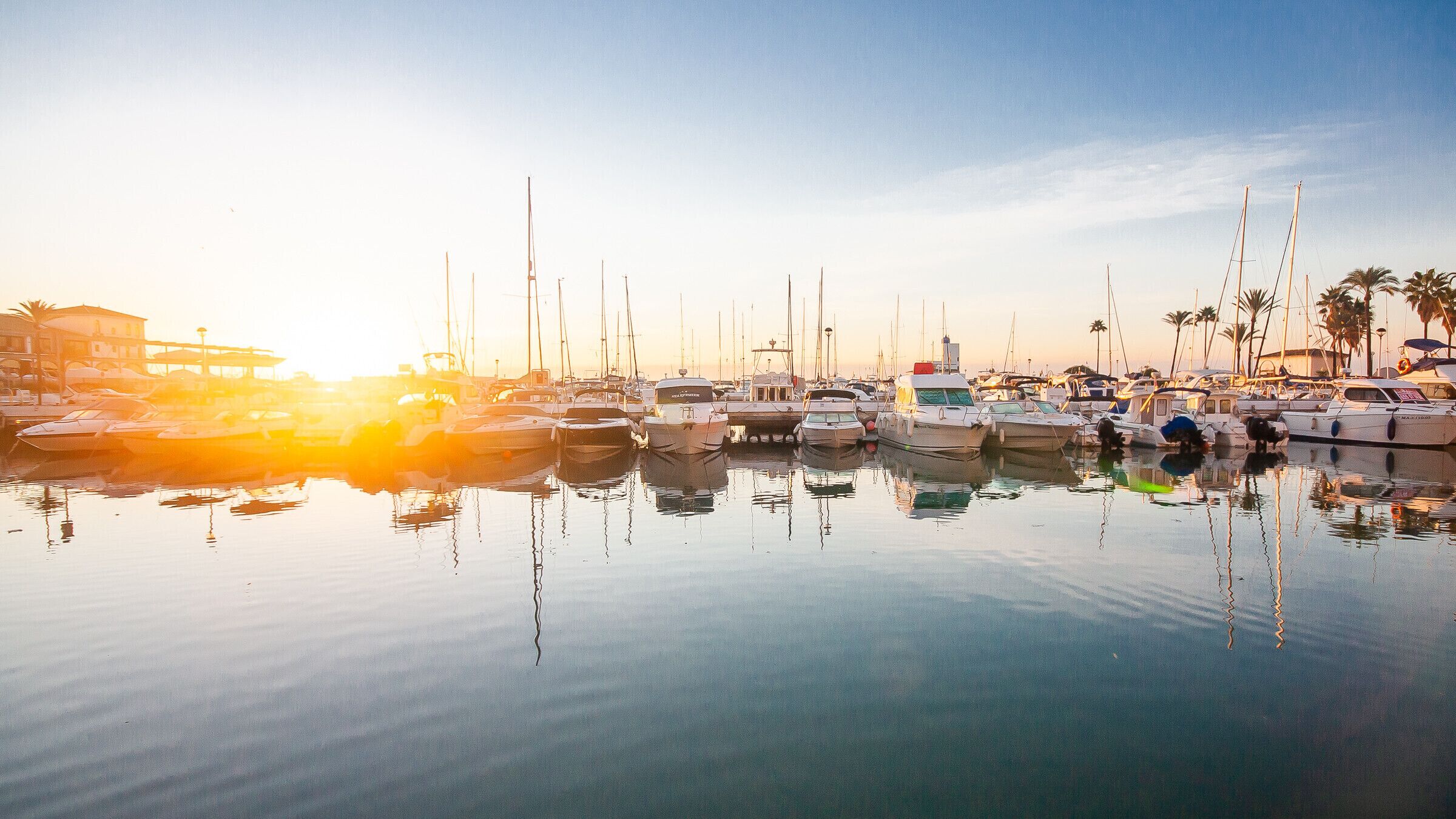 A marina with multiple boats docked at sunset.