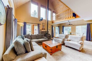 TV, fireplace, DVD player, table football - Spacious Home Near Resorts - Access to Shared Pool, Hot Tub, & Sauna (Truckee)