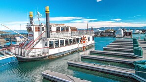 Een rivierboot aangemeerd in een jachthaven, met een heldere lucht, een brug op de achtergrond en bergen in de verte.