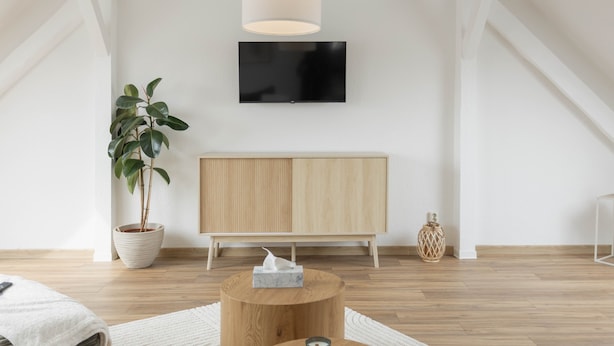 Une pièce moderne avec un plancher en bois, une plante en pot, une table ronde en bois, un téléviseur fixé au mur et un meuble en bois.