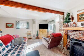 A cozy living room with a sofa, armchair, fireplace, television, and decorative items.