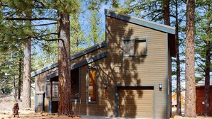 Een modern herenhuis met garage, omringd door hoge bomen.