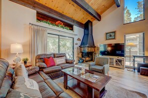 TV, fireplace, offices - Rustic Kingswood Village getaway with shared pool, patio, & wood-burning fireplace (Kings Beach)