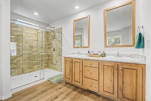 Hair dryer, towels, soap, toilet paper