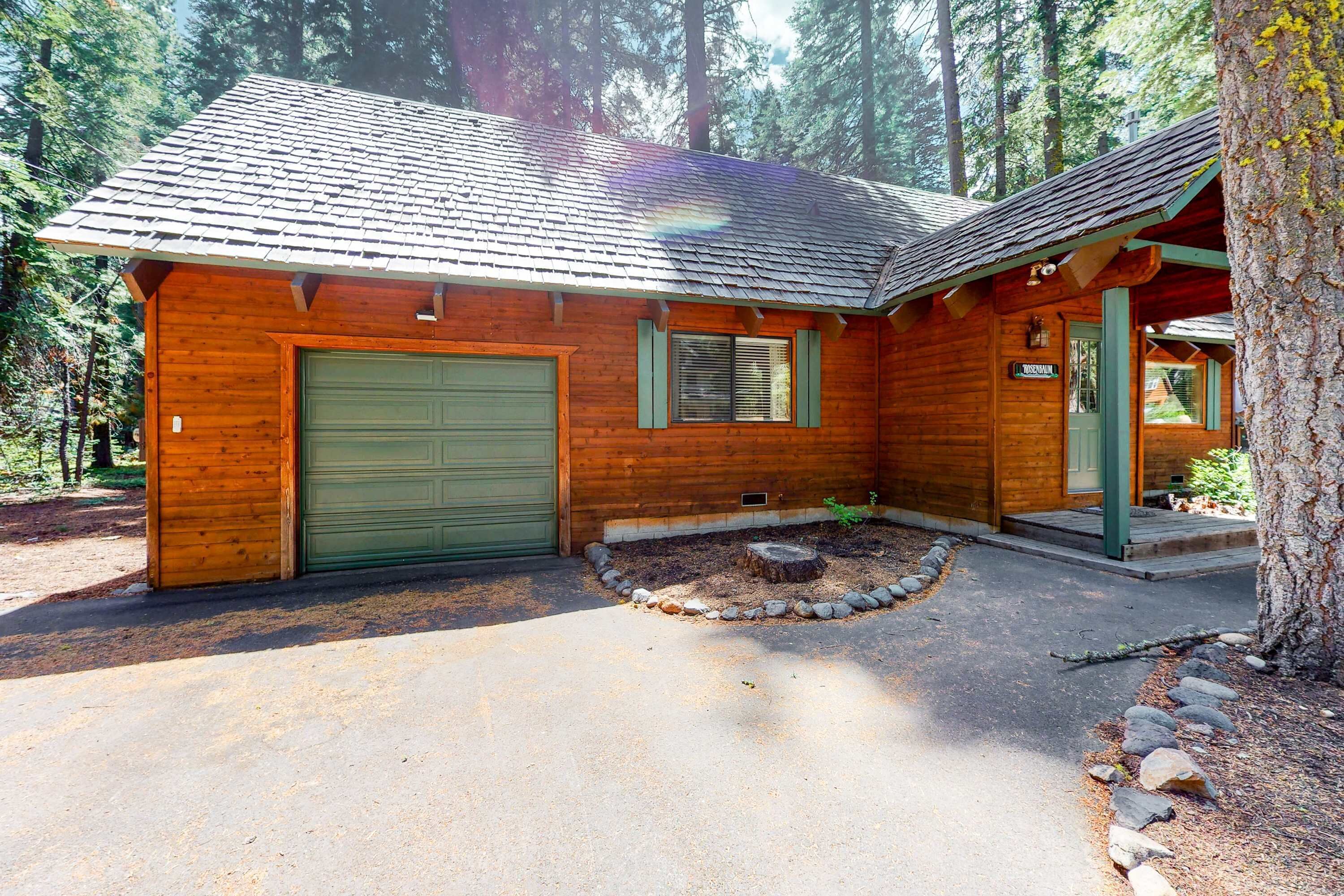 Une cabane en bois avec une porte de garage verte, un foyer en pierre et un paysage boisé en arrière-plan.