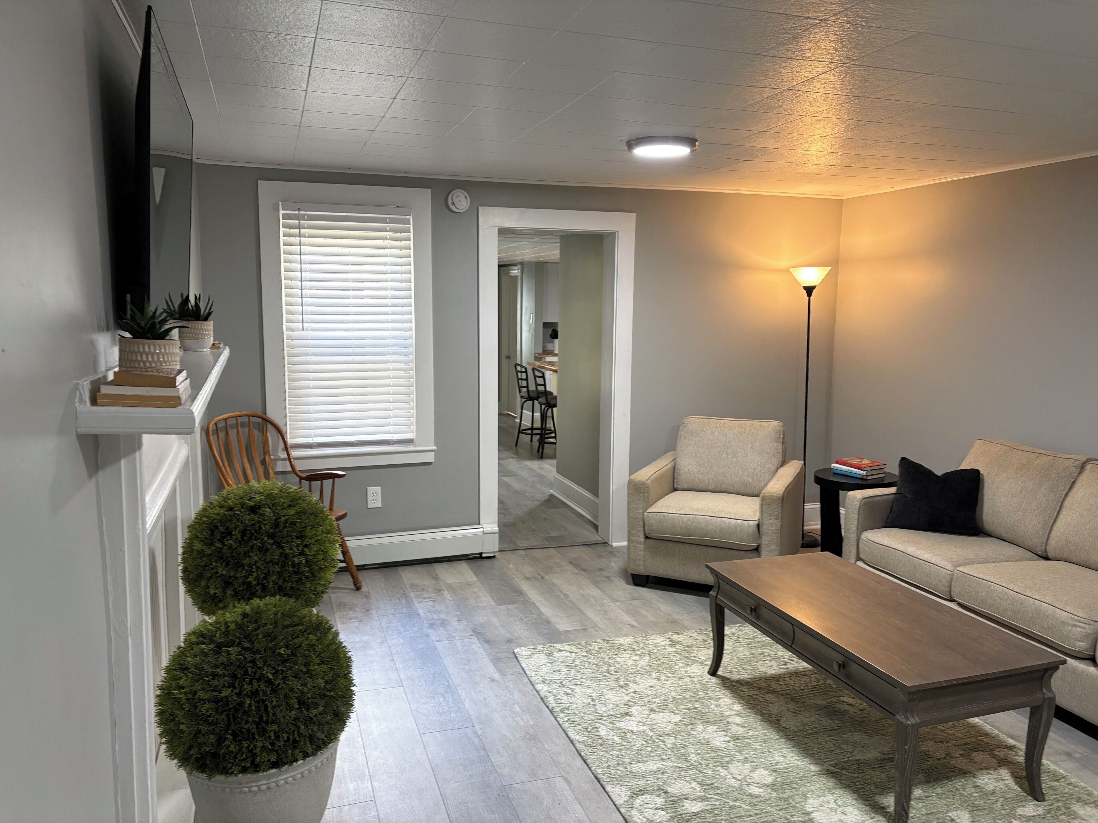 A living room with a sofa, armchair, coffee table, potted plants, and a lamp.