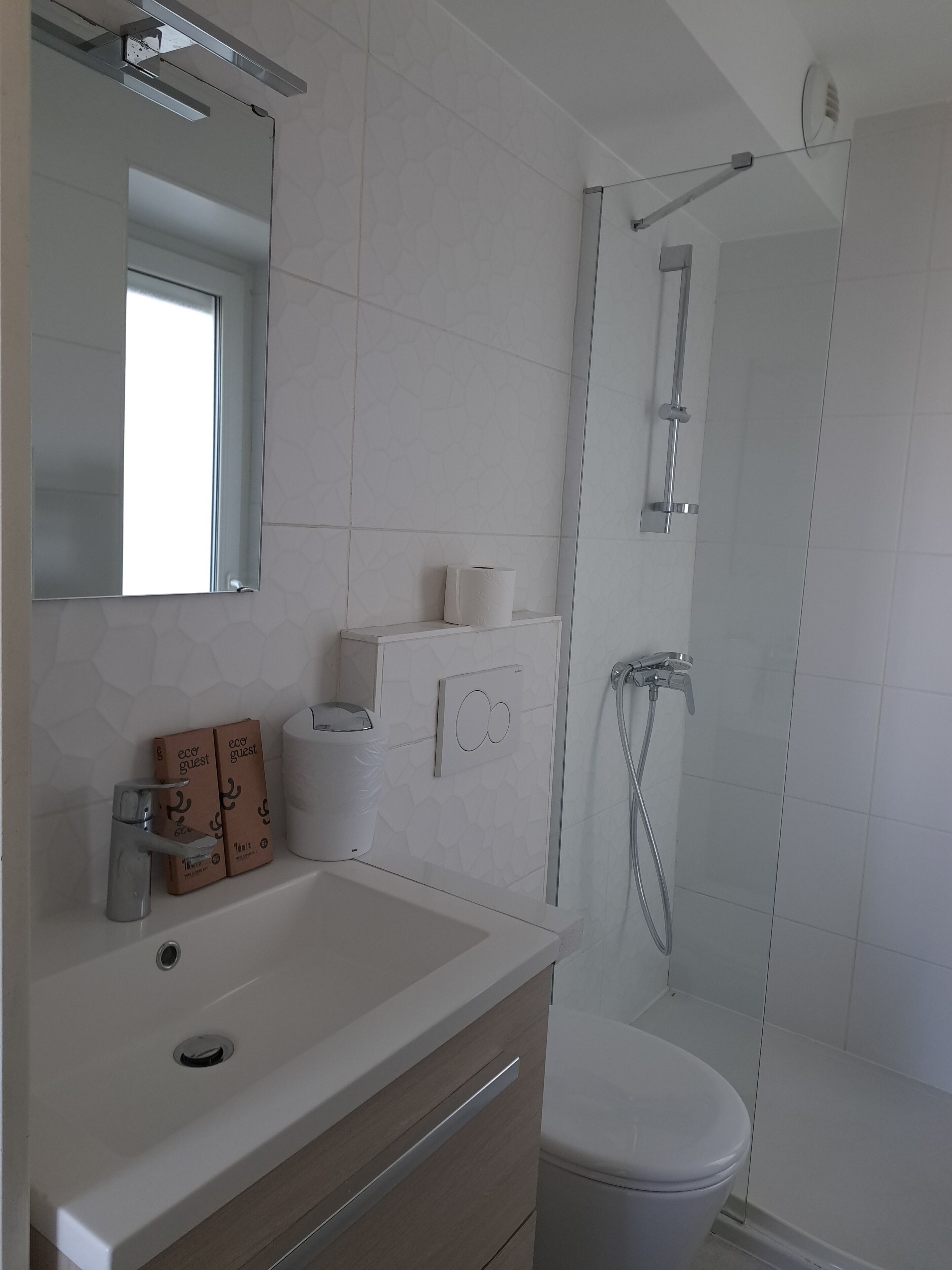 Douche, sèche-cheveux, serviettes fournies, savon