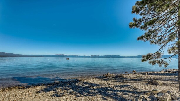 Um lago límpido com margem rochosa e um pinheiro à direita.