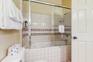 Shower, hair dryer, towels - Charming Cabin Home with Fireplace, W&D, Enclosed Backyard (South Lake Tahoe)