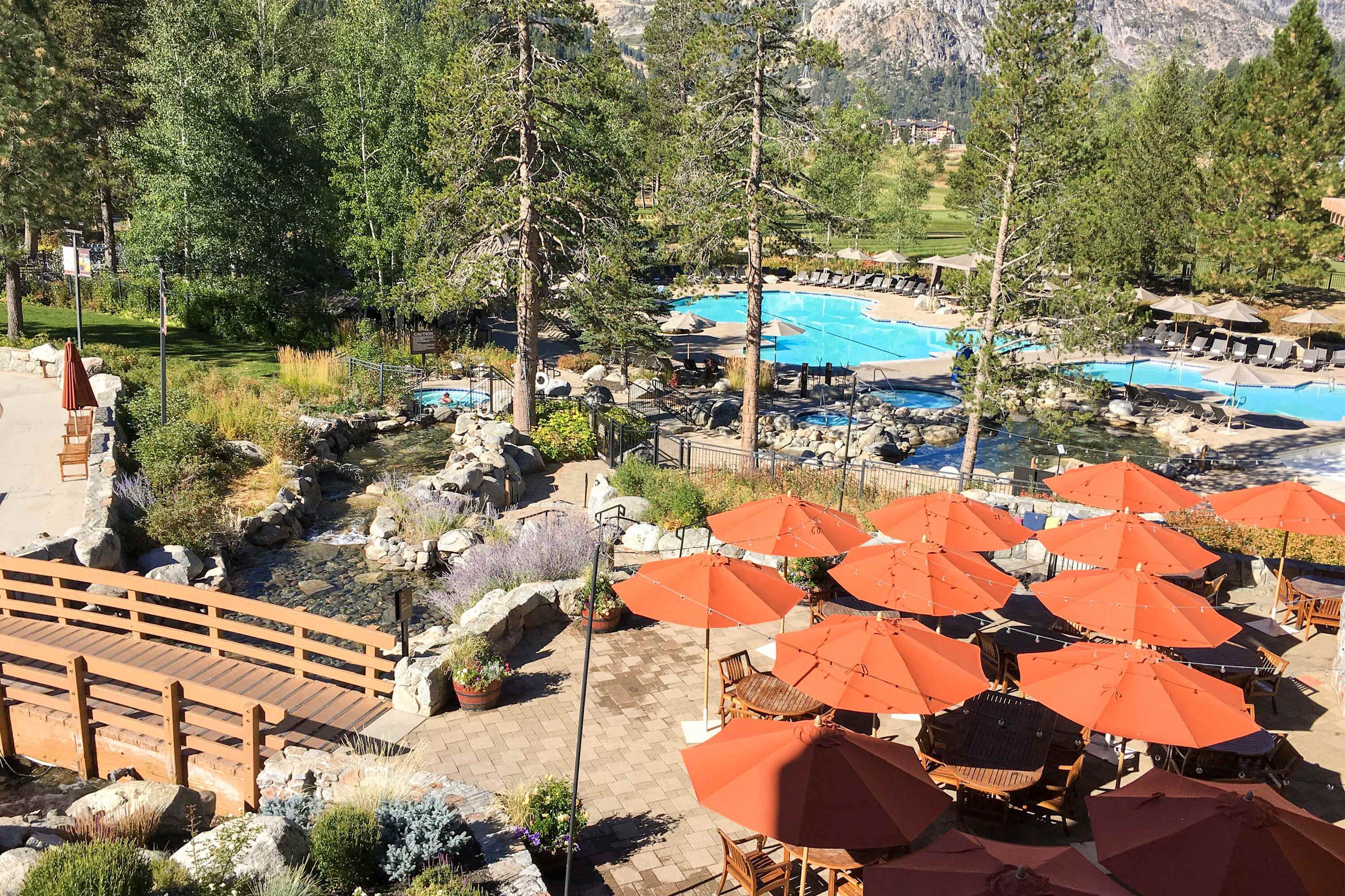 Zona de piscina con sillones de descanso y sombrillas, rodeada de árboles y un puente de madera.