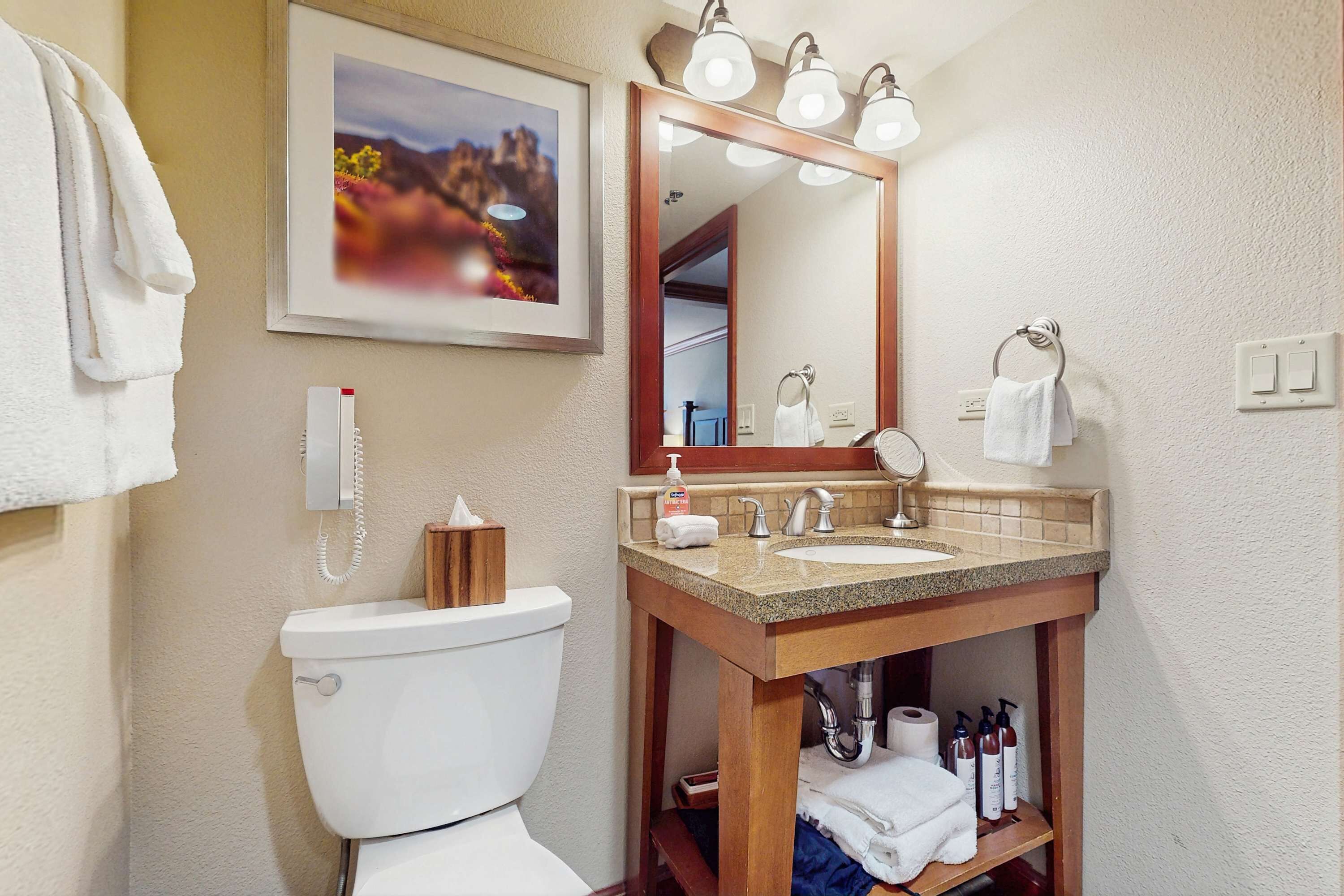 Een badkamer met toilet, wastafel, spiegel en handdoekhouder.