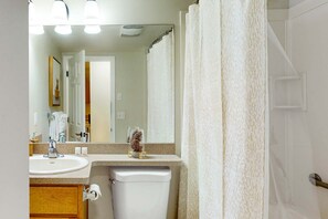 Shower, hair dryer, towels, shampoo - Mountain-view condo near skiing with fireplace (Stateline)