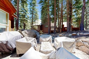 Terrace/patio - Wooded Luxury at Modern Tahoe Donner Retreat with Private Deck in the Pines (Truckee)