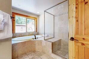 Shower, hair dryer, towels - Wooded Luxury at Modern Tahoe Donner Retreat with Private Deck in the Pines (Truckee)