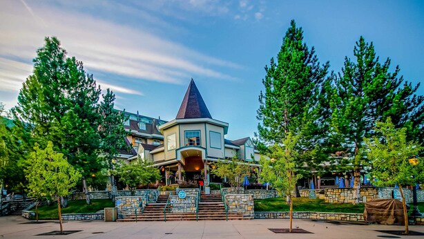 Un hôtel doté d’une tour imposante, d’une façade en pierre et d’un jardin bien entretenu.