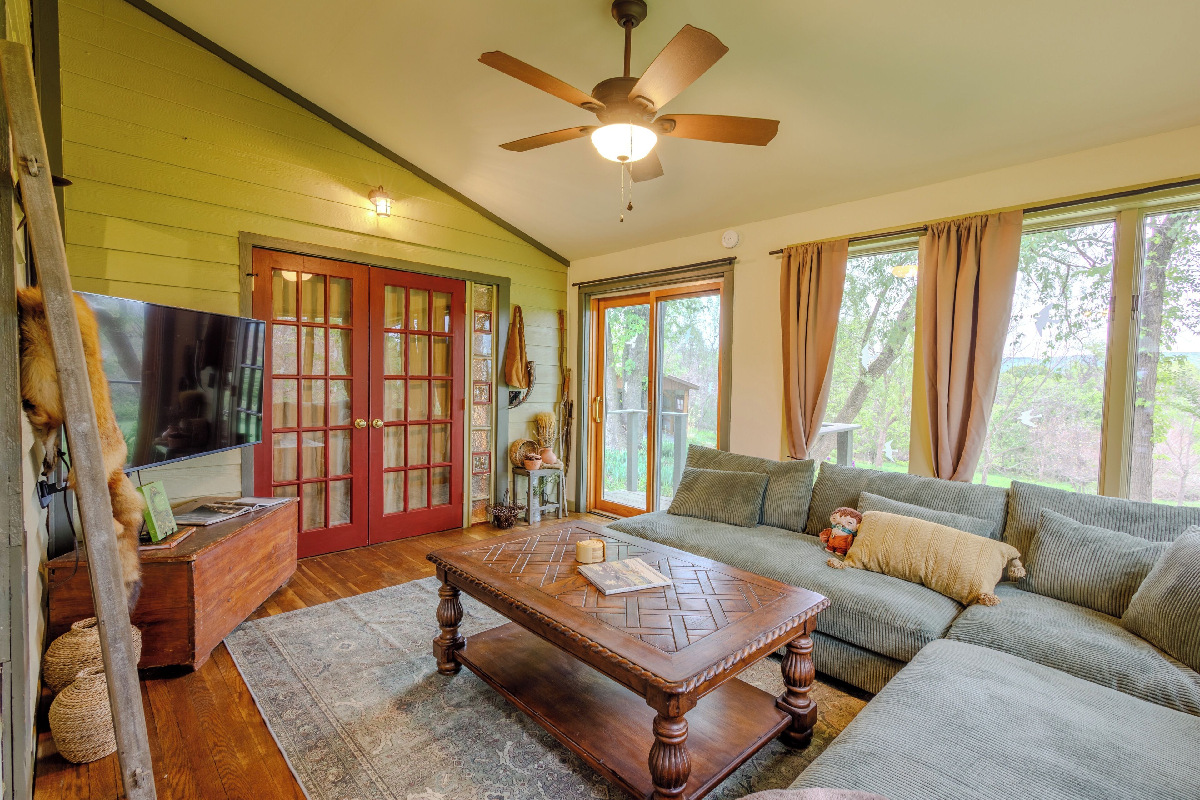 Smart TV, fireplace, books, video library