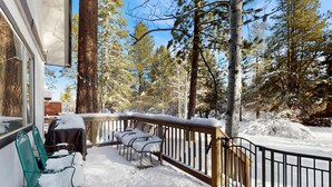 Un patio coperto di neve, con sedie e un tavolo in metallo, circondato da alberi alti e una ringhiera in legno.