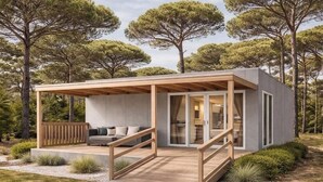 A modern cabin with a wooden deck, a sofa, and a glass door leading to a patio area. - Delta Open Air Resort (Porto Garibaldi)
