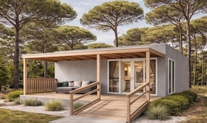 A modern cabin with a wooden deck, a sofa, and a glass door leading to a patio area.
