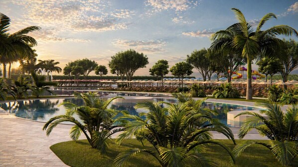Seasonal outdoor pool, open 10:00 AM to 8:00 PM, sun loungers