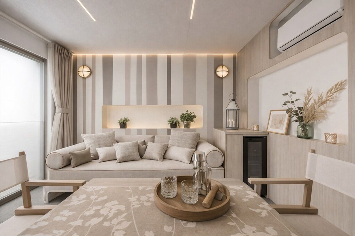 Uma sala de estar moderna com um sofá, uma mesa de centro com objetos decorativos e uma estante fixada na parede com plantas.