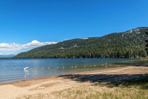 Ein See mit einem Sandstrand, umgeben von bewaldeten Hügeln.