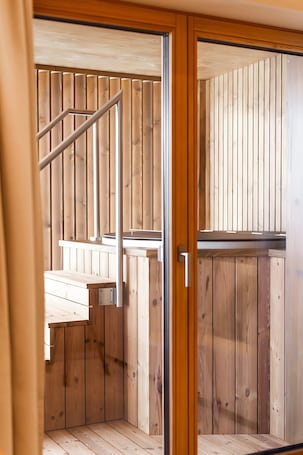 Sauna. Apartment “N°1” with Mountain View, Private Terrace and Wi-Fi