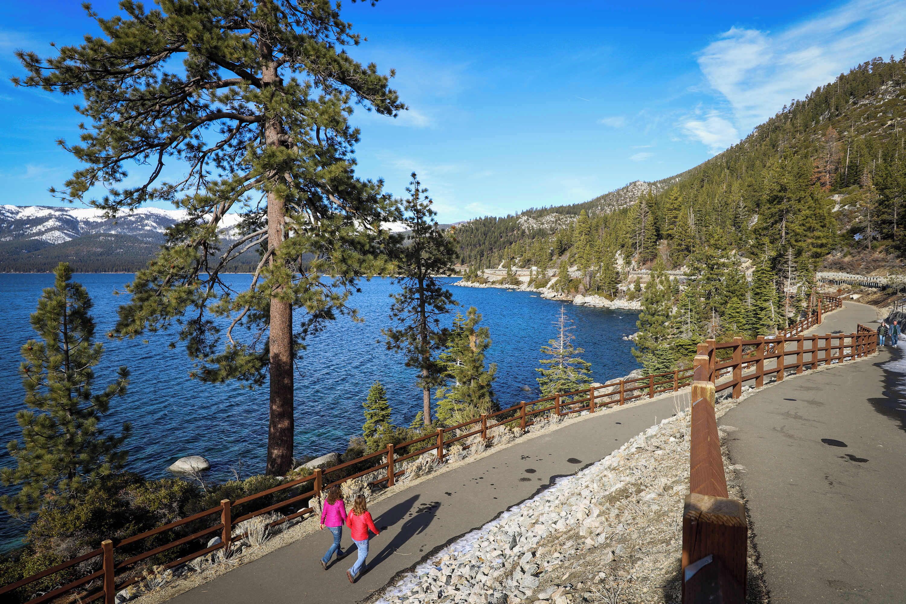 A paved walkway with a wooden railing, surrounded by pine trees and a lake with mountains in the background.