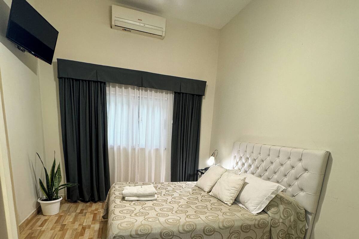 A bedroom with a bed, a ceiling fan, an air conditioning unit, a potted plant, and a wooden table.