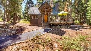 A lodge with a wooden entrance, a bench outside, and a paved path leading to the door. - close to beach & skiing with grill, fireplace, deck, & W&D (Tahoma)