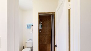 A bathroom with a toilet, shower, and a painting on the wall.