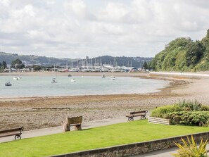 Blick auf die Küste mit Booten, einem Sandstrand und einer Wiese mit Bänken.