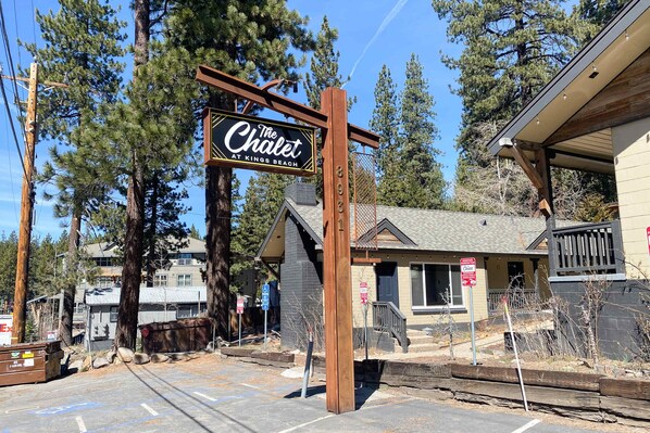 A building with a sign reading 'The Chalet at Kings Beach.'