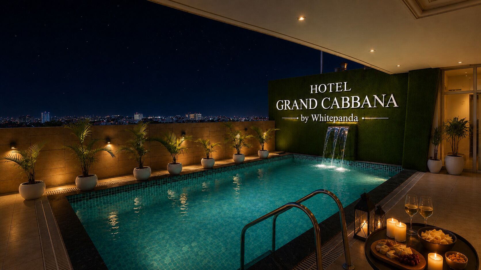 A rooftop pool area with a sign for Hotel Grand Cabbana by Whitenanda, surrounded by potted plants and a night cityscape view.