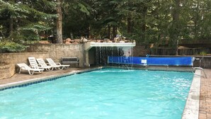 Una piscina con acqua cristallina, circondata da alberi e un muro in pietra.